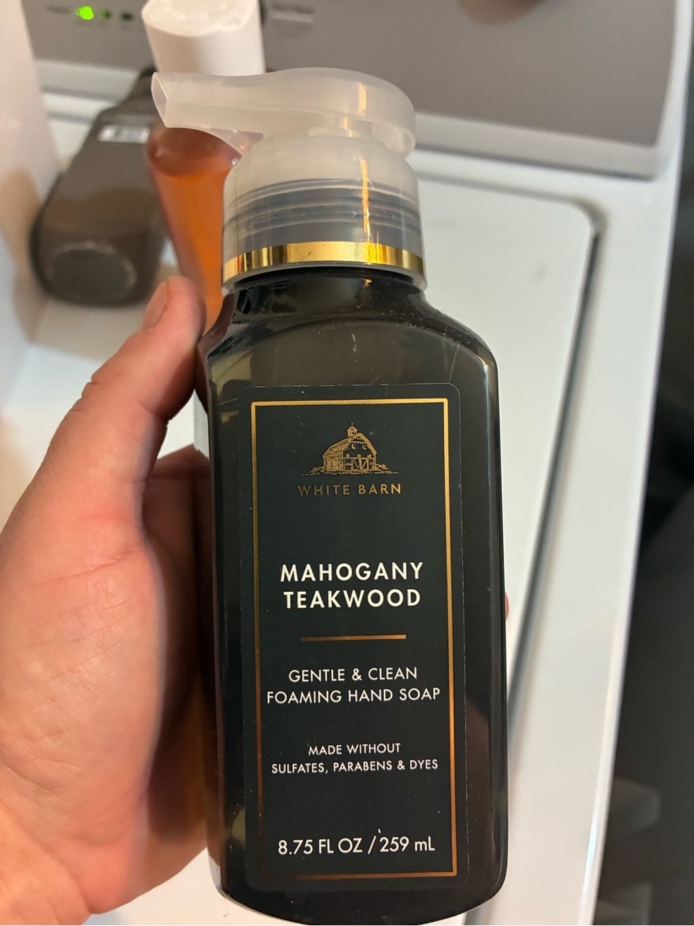 White Barn Mahogany Teakwood Foaming Hand Soap - dark brown and gold accents